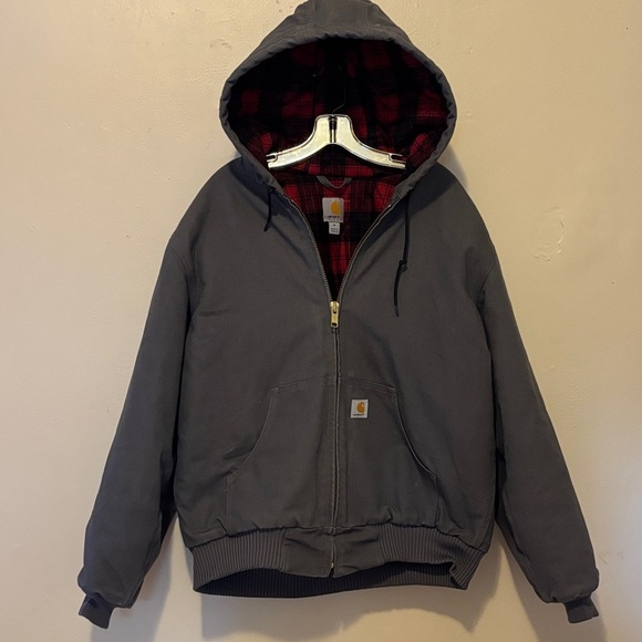 Carhartt Charcoal Hooded Puffer with Red Plaid Lining - Picture 1 of 12